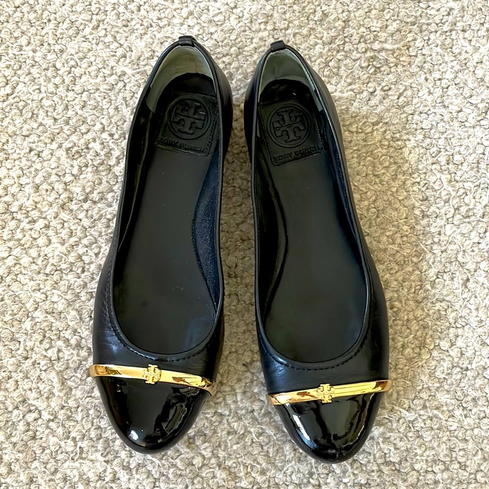 Tory Burch black leather flats, size 8